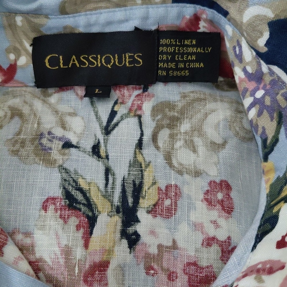 Vintage Classiques Countryside Button Up Blouse Top LARGE 100% Linen Blue Floral - Picture 7 of 12